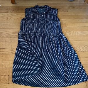 Navy Polka Dot Sleeveless Collared Dress